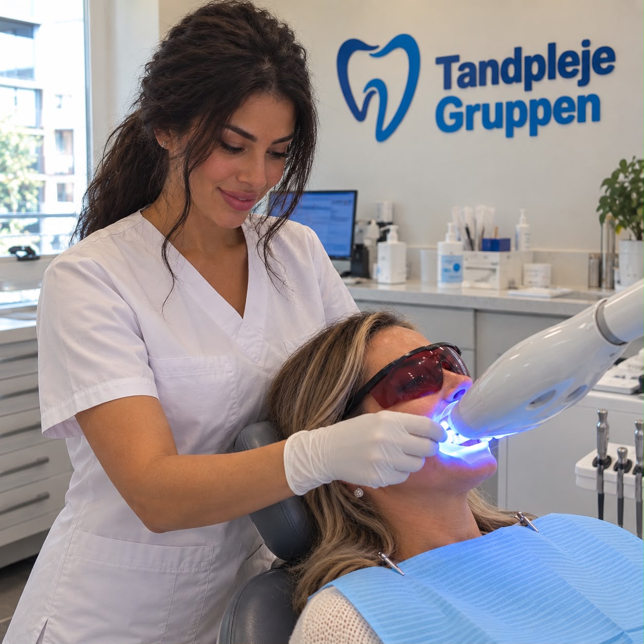 Gül hjælper en klient under tandblegning hos Tandpleje Gruppen